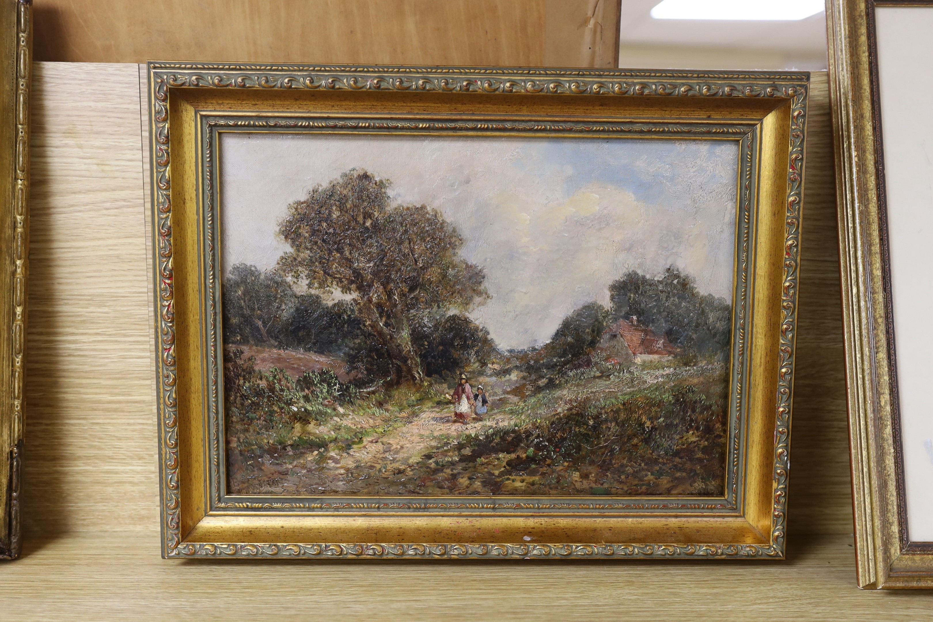 James Edwin Meadows (1828-1888), oil on canvas, Mother and child on a country lane, signed, 24 x 34cm